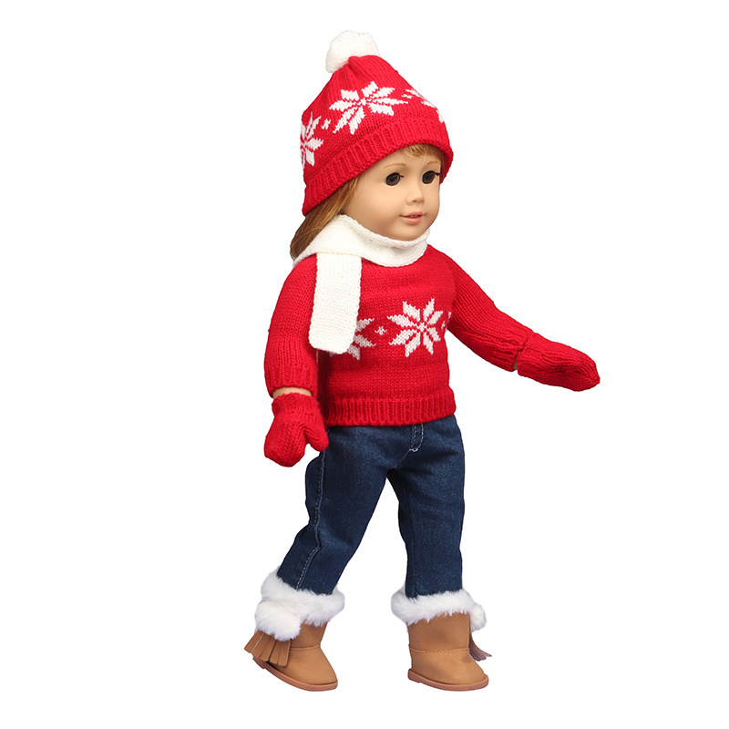 American 18 Inch Doll Clothes White Snow Paint Red Hat White Scarf With Jean Baby Doll Accessories For Christmas