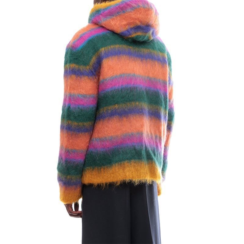 Custom OEM & ODM mohair men sweater Fuzzy knitwear winter Striped mohair blend hooded knit custom Cardigan knitted sweater