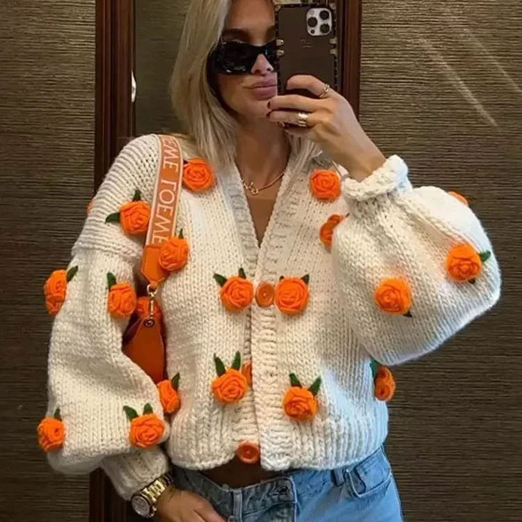 Spring fashion 3d flower crochet custom knitted long sleeve V-neck short women's sweater loose coat sweater cardigan