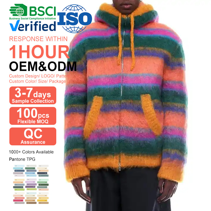 Custom OEM & ODM mohair men sweater Fuzzy knitwear winter Striped mohair blend hooded knit custom Cardigan knitted sweater