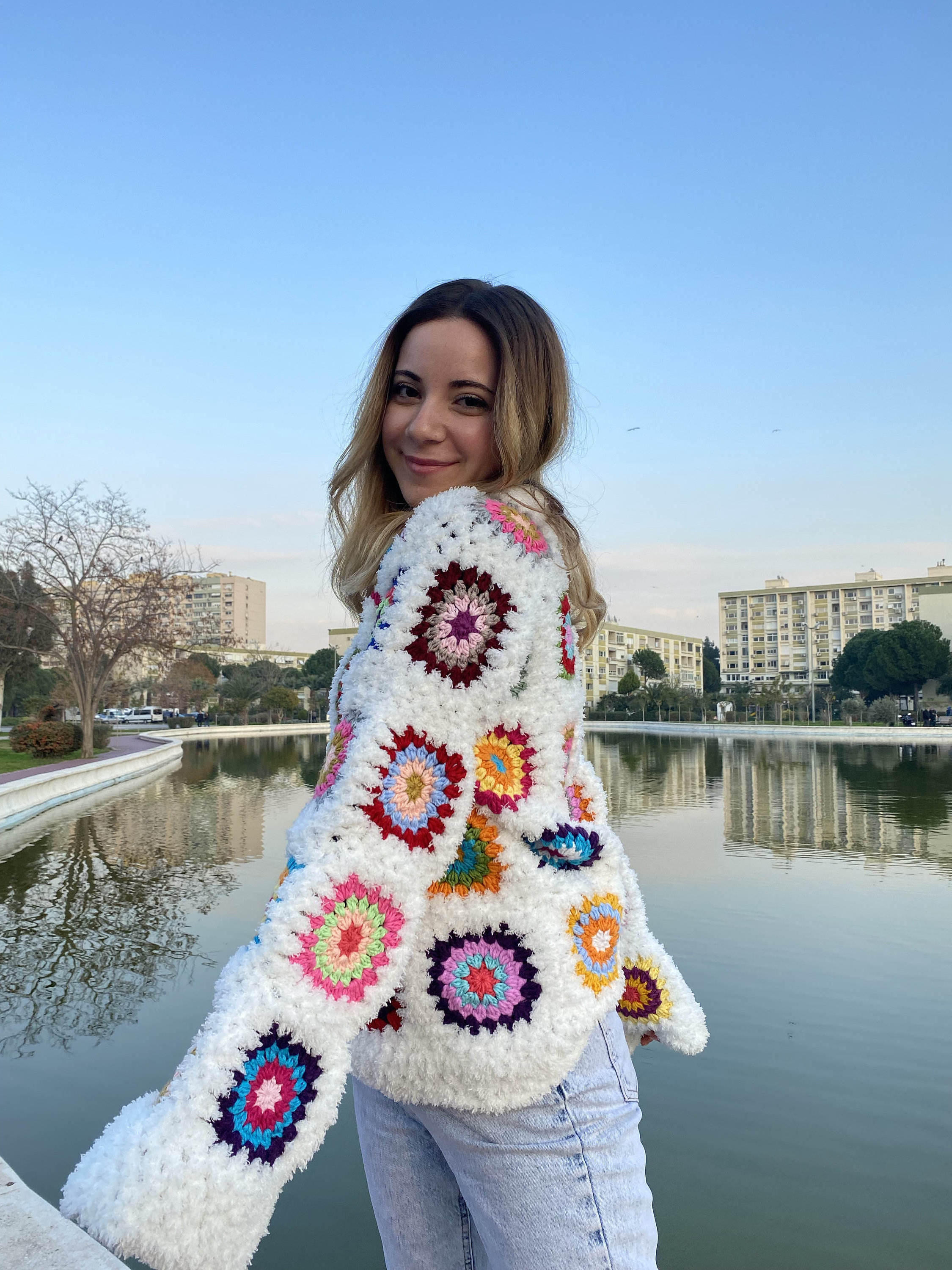 Winter custom crochet thick granny square hand knitted thick needle chenille cardigan sweater for women