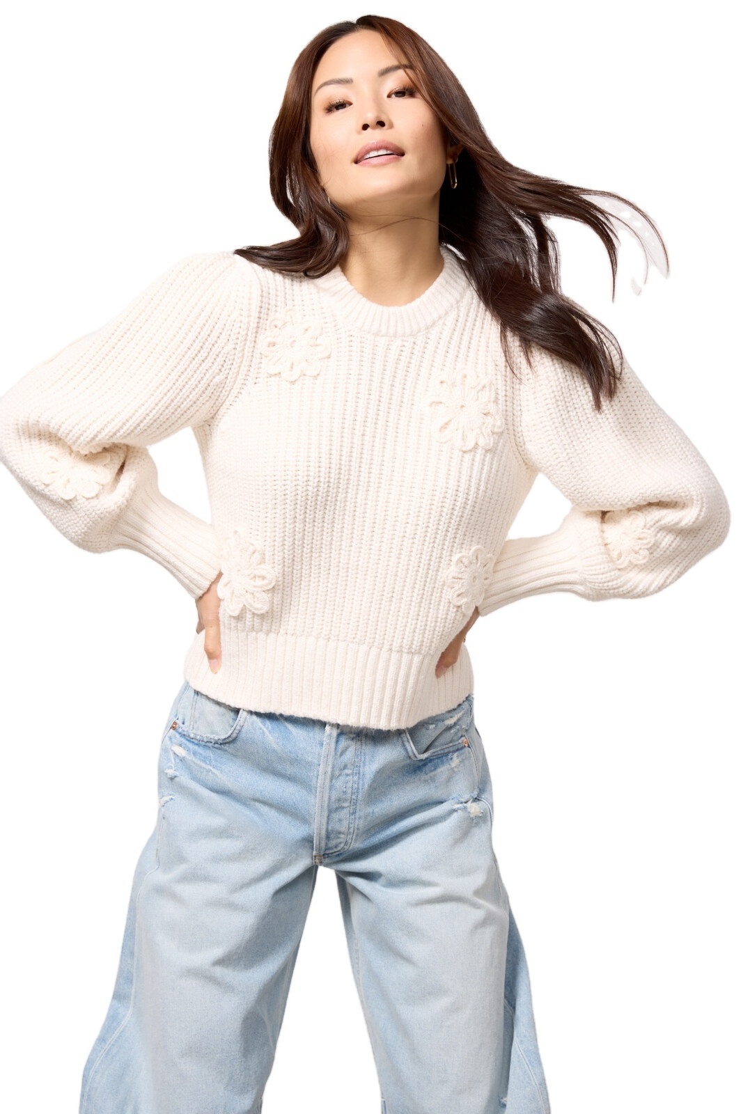 Crocheted Daisies Long Puff Sleeves Pullover Women's Knitted Solid Color Long Sleeve Sweater