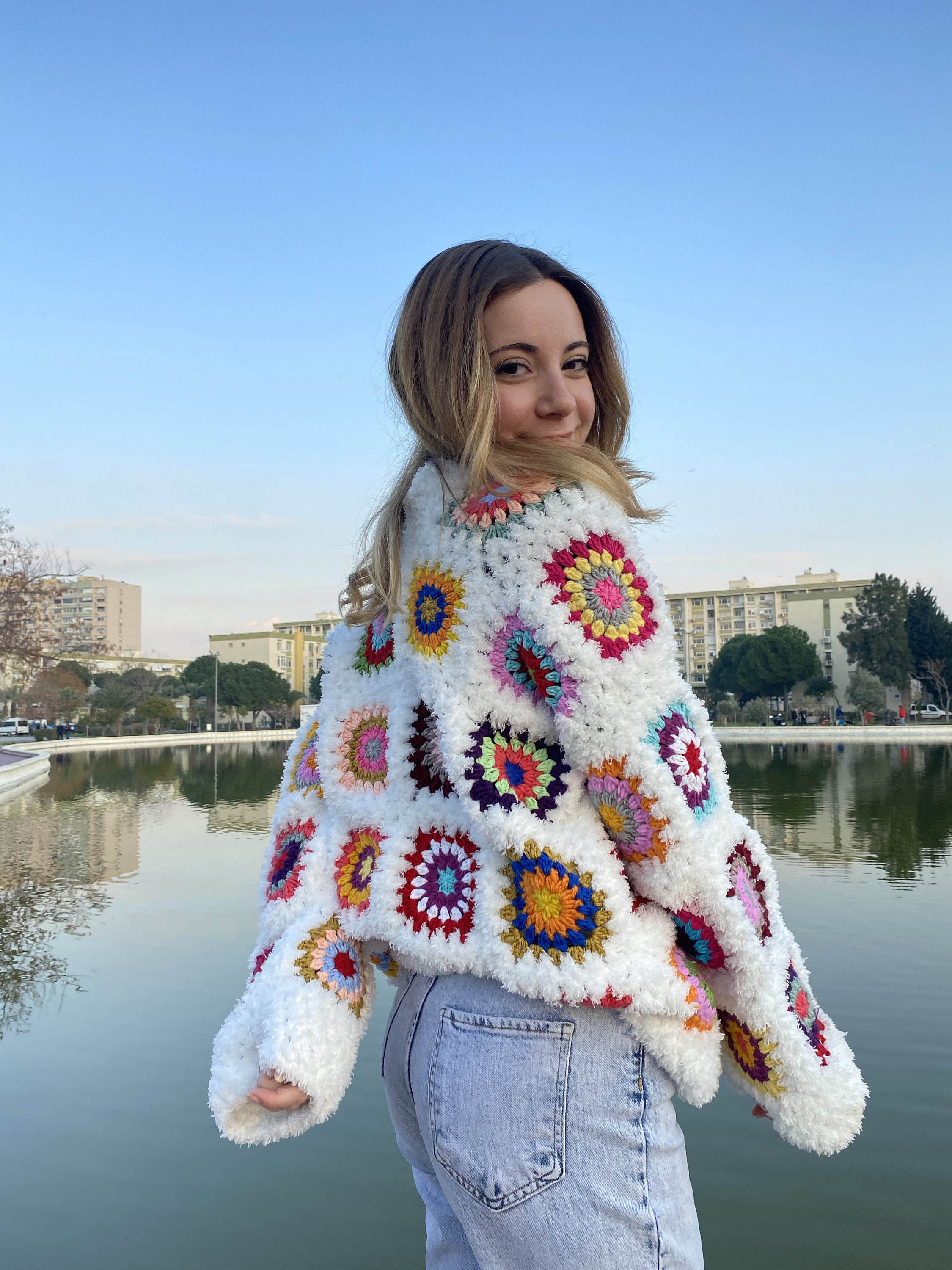 Winter custom crochet thick granny square hand knitted thick needle chenille cardigan sweater for women