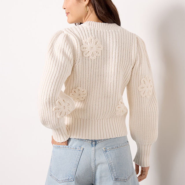 Crocheted Daisies Long Puff Sleeves Pullover Women's Knitted Solid Color Long Sleeve Sweater