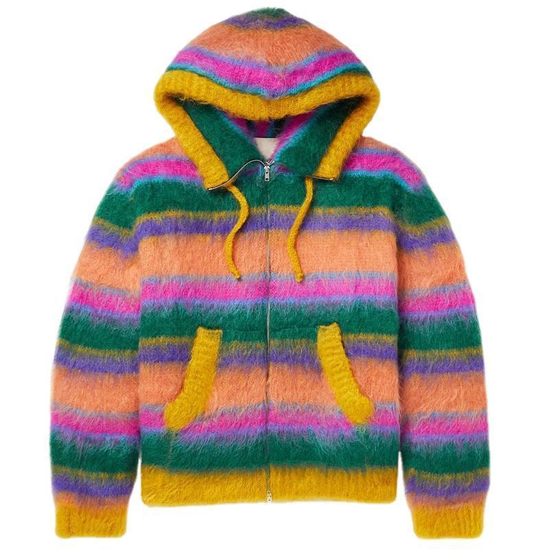 Custom OEM & ODM mohair men sweater Fuzzy knitwear winter Striped mohair blend hooded knit custom Cardigan knitted sweater