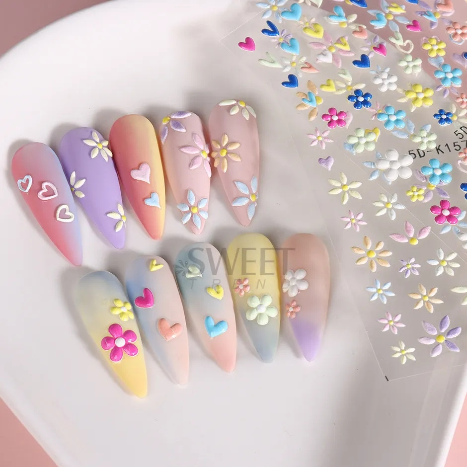 5D Embossed Flower Colorful Nail Stickers Simple DIY Wildflower Sliders Sunflower Daisy Spring Engraved Art Manicure Decals