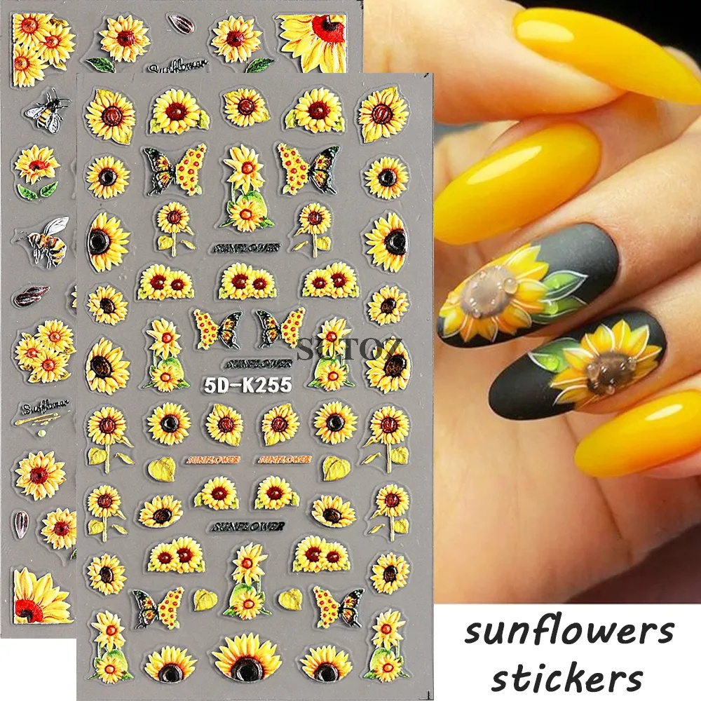 5D Sunflower Nail Stickers Fall Design Floral Butterfly Bee Nail Decal Self-adhesive Embossed Sliders Manicure Decor