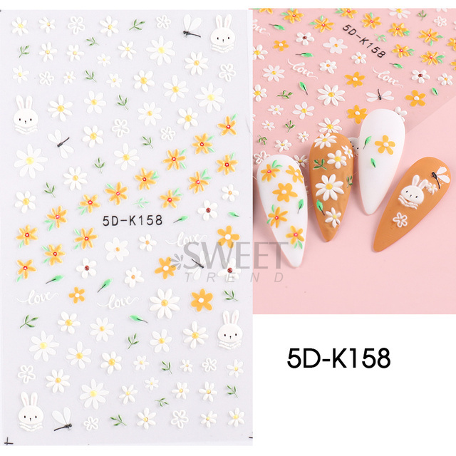 5D Embossed Flower Colorful Nail Stickers Simple DIY Wildflower Sliders Sunflower Daisy Spring Engraved Art Manicure Decals