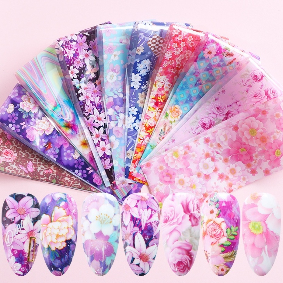 10pcs Colorful Flowers Print Stickers On Nails Foils Starry Sky Wraps Transfer Decals For Manicure Nail Art Decorations ZYXK1008