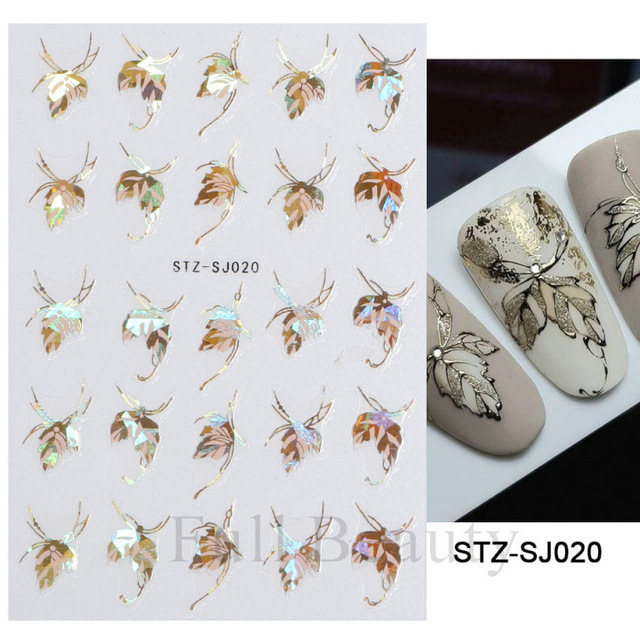 Laser Gold Leaves Nail Sticker Maple Fall Flowers Butterfly Adhesive Nails Slider Autumn Winter Xmas Manicure Decals