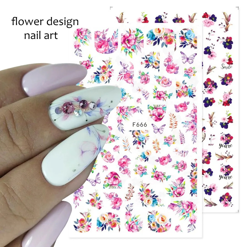 3D Purple Flower Butterfly Sticker Sliders for Nails Elegant Leaf Floral Design Nail Art Decoration Design Accessories F666