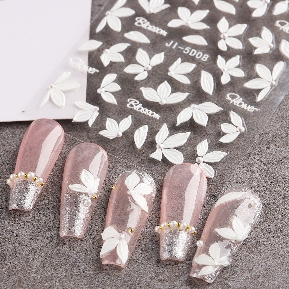 Embossed 5D Nail Stickers Elegant White Acrylic Flowers Sliders For Nails Floral Petals Decor Cherry Blossom Decals