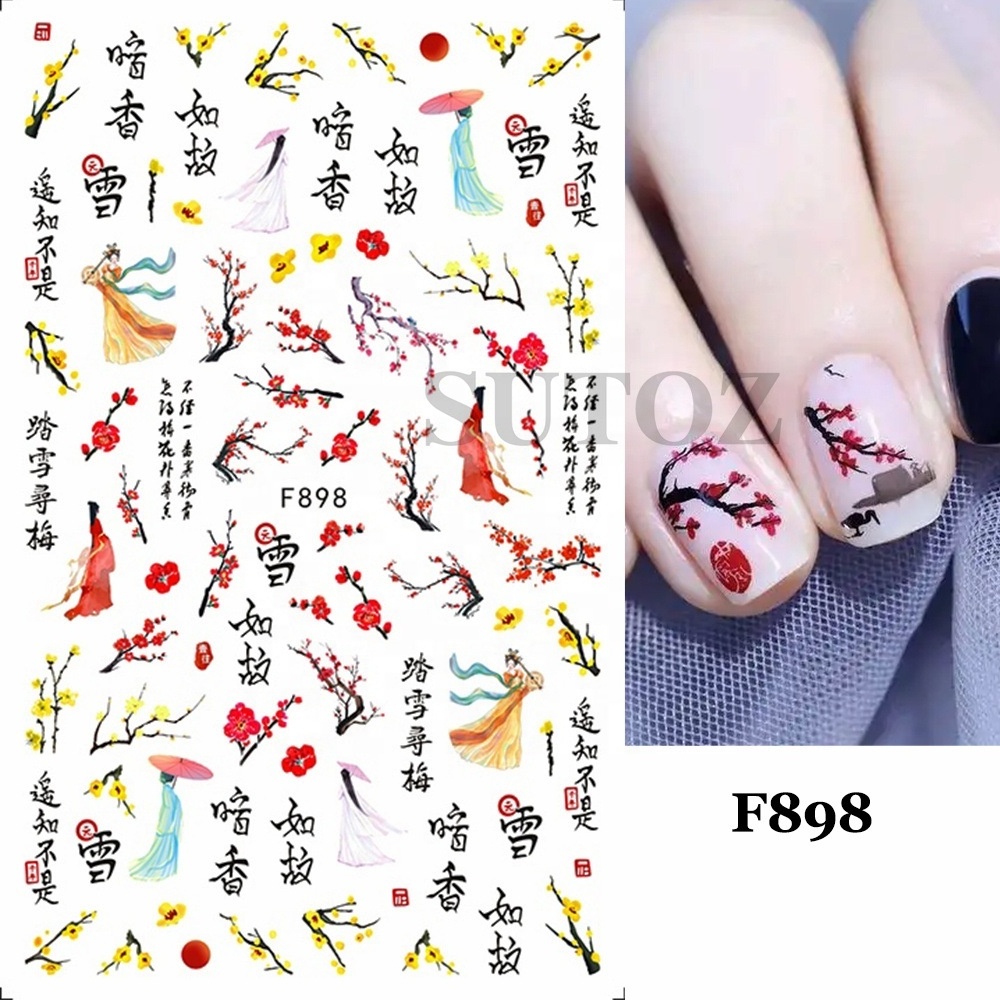 Chinese Style Peking Opera Nail Art Sticker 3D Bamboo Flower Character Decals Unique Chinese Poetry Calligraphy Design Manicure