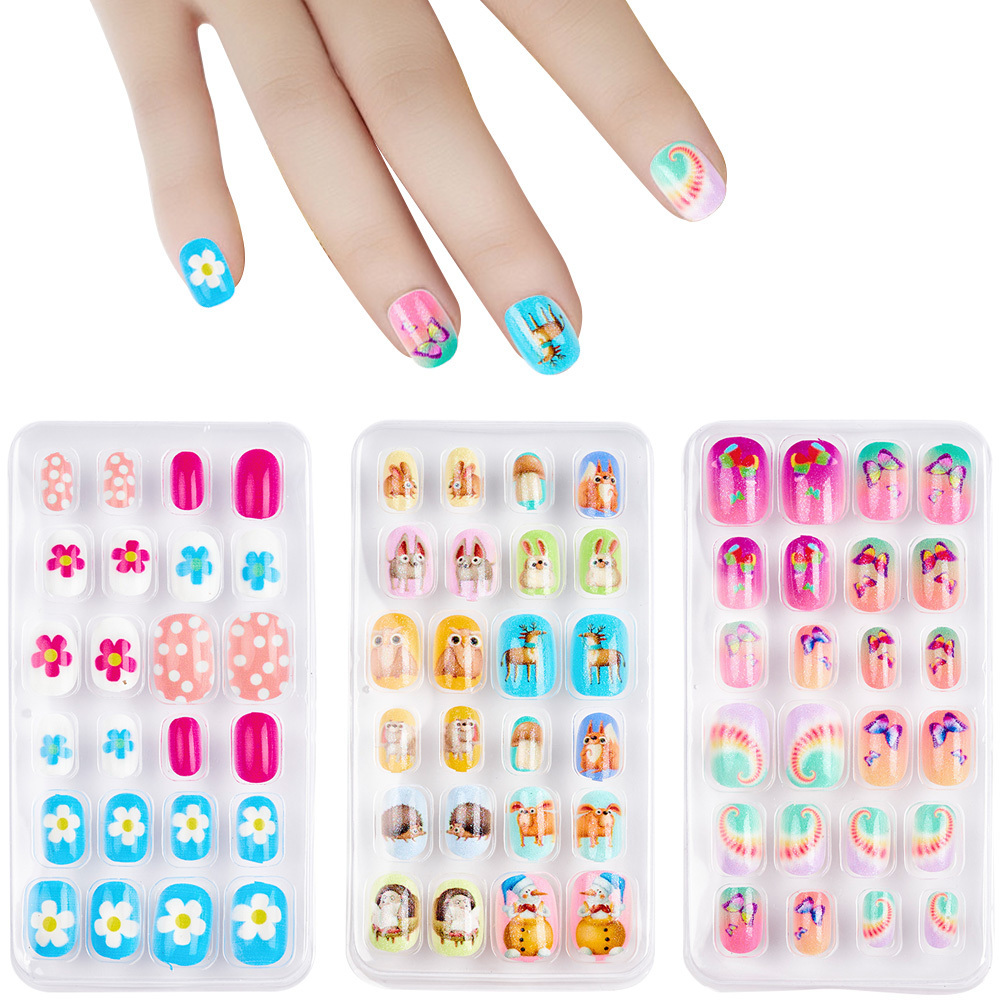 24pcs/Box Cartoon Kids False Nails Full Cover Press On Children Detachable Self Glue Fake Nail Art for Girls Manicure Tips Decor