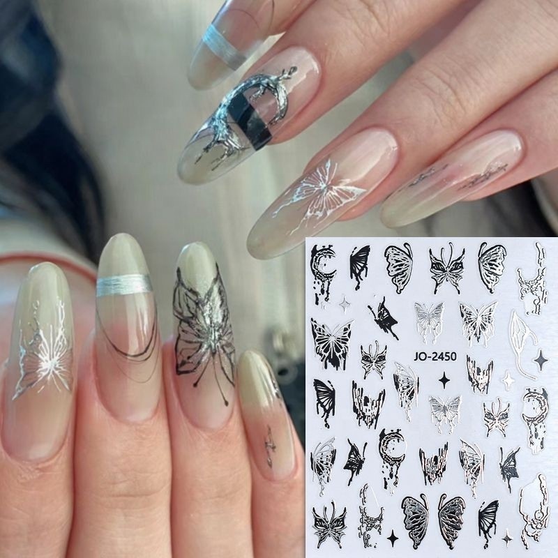 Nail Art Liquid Bronzing Butterfly Sticker Silver Black White Half Wings Butterfly 3D Hollow Liquid Butterfly Nail Decoration