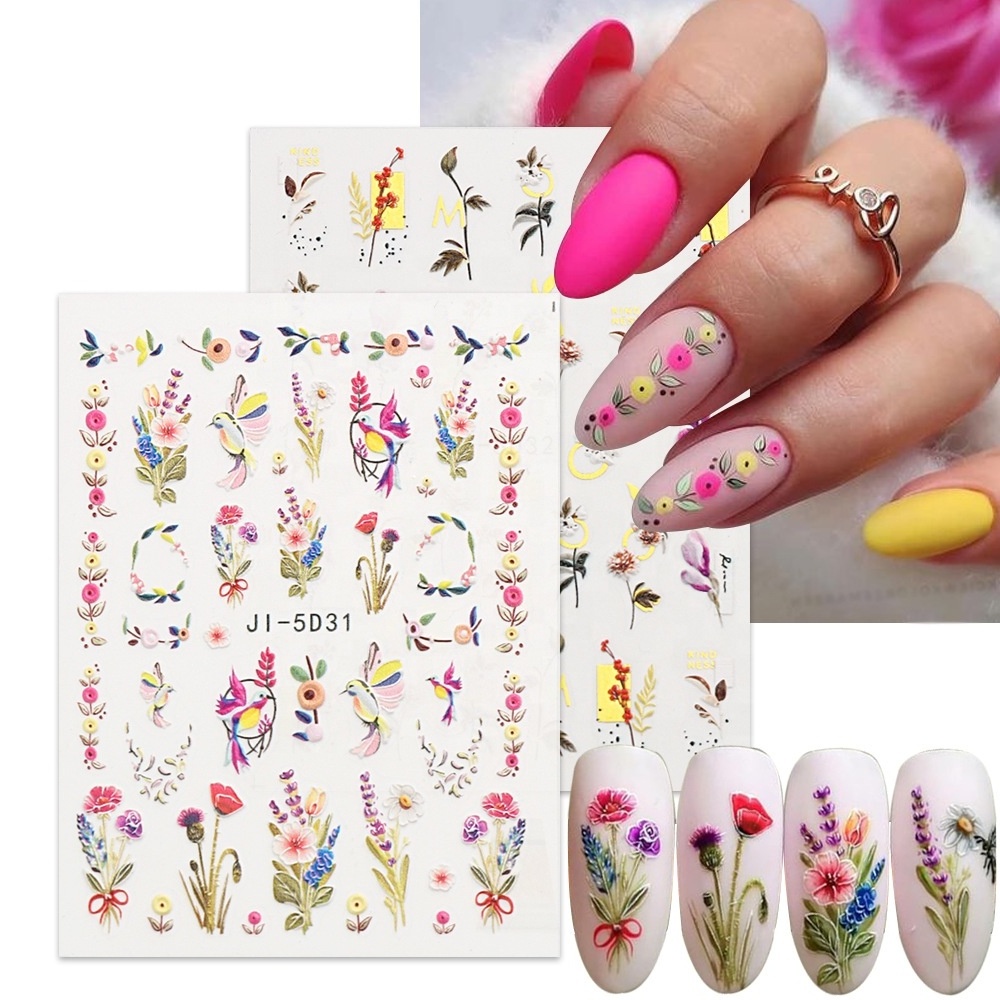 5D Embossed Nail Stickers Flowers Bird Geometric Lines Gold plastic Floral Nail Decals Star Blossom Manicure Decoration