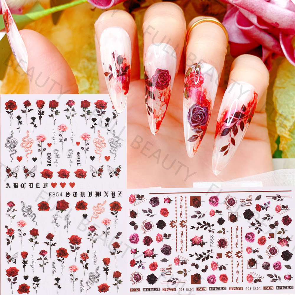 Rose Nail Adhesive Sticker Blue Butterfly 3D Flowers Slider Wedding Nail Art Decorations Stickers Foil Manicure Accessories F857