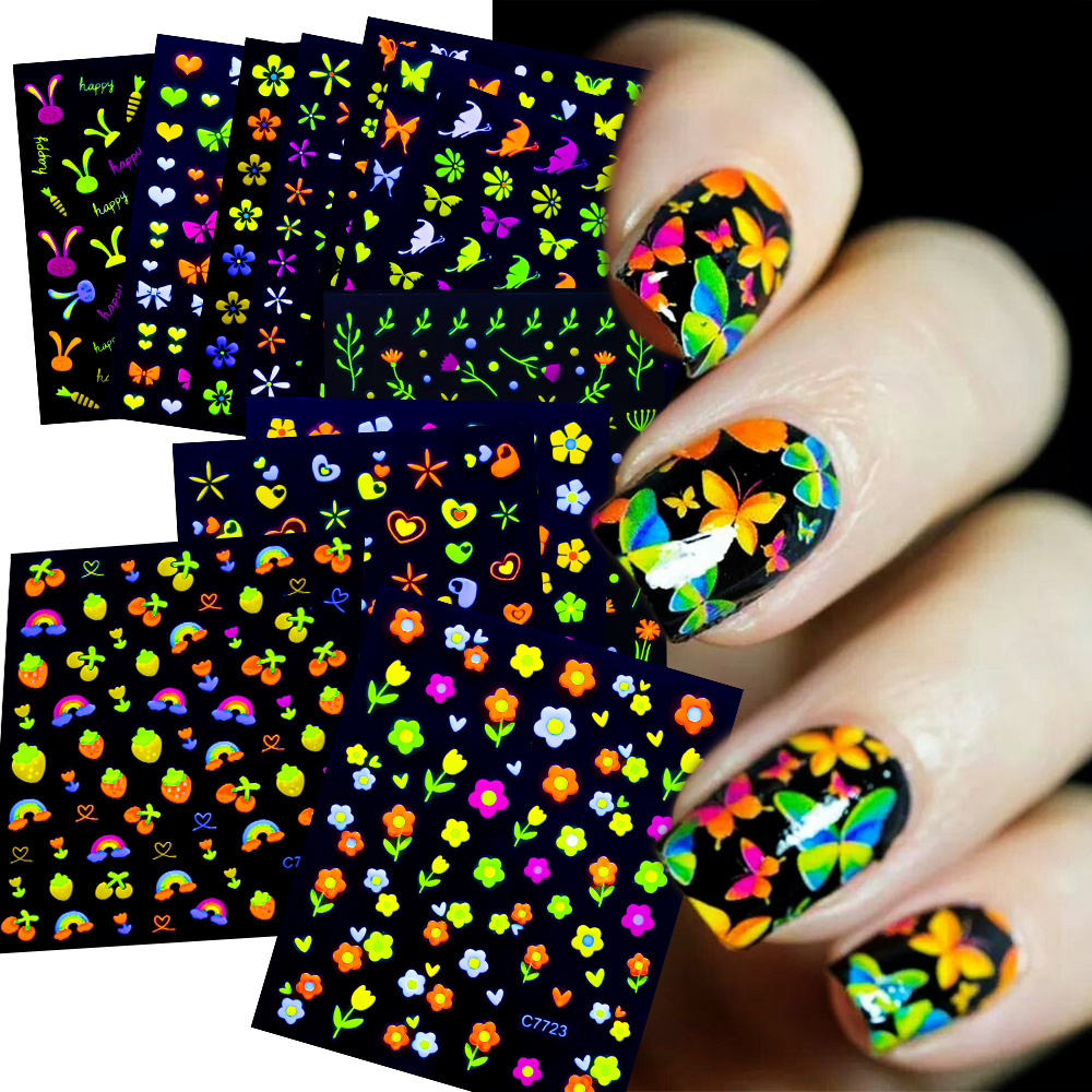 24Pcs/set Fluorescent Mini Daisy 3D Stickers 6.5*5.5cm Colorful Flowers Nail Stickers DIY Self-Adhesive Flowers Manicure Slider