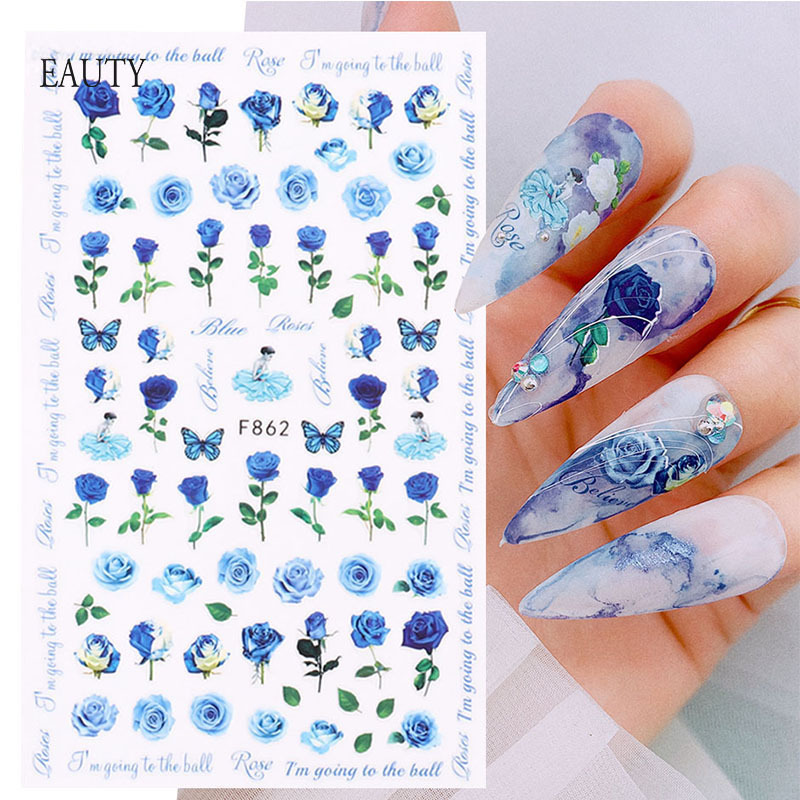 1PCS Rose Nail Adhesive Sticker Blue Butterfly 3D Flowers Slider Wedding Nail Art Decorations Foil Manicure Accessories