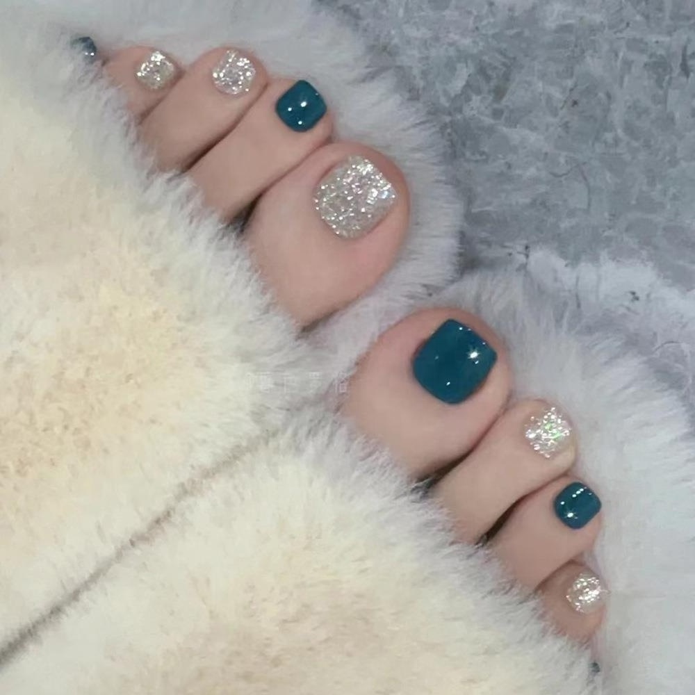 Summer New Design Toe Nails Square Series French Glitter Colorful Toes Press On Nails Custom False Toe Nails