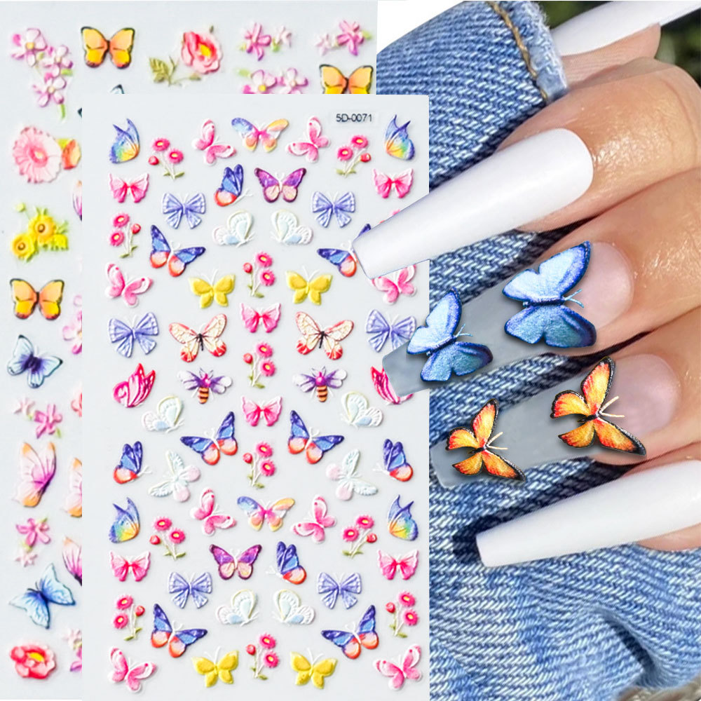 Colorful Butterfly Flowers Design Nail Sticker 5D Relief Butterfly Engraved Custom Logo Self-Adhesive Nail Transfer Sliders