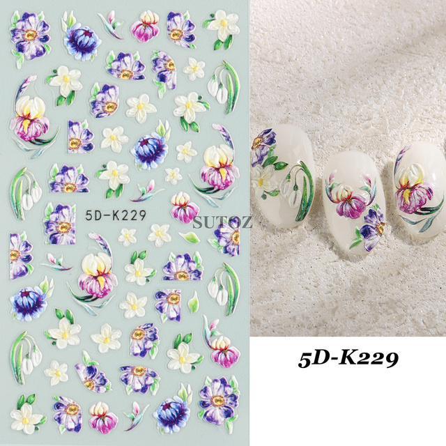 5D Embossed Flower Colorful Nail Stickers Simple DIY Wildflower Sliders Sunflower Daisy Spring Engraved Art Manicure Decals