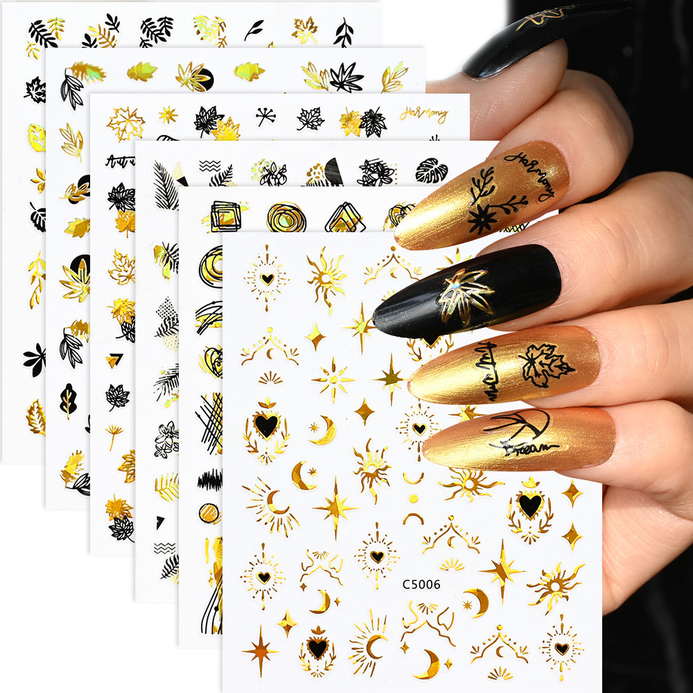 6Pcs Bronzing Heart Nail Stickers Abstract Graffiti Leaf Star Moon Adhesive Sliders Decals 8X10cm Laser Gold Nail Tattoo Sticker