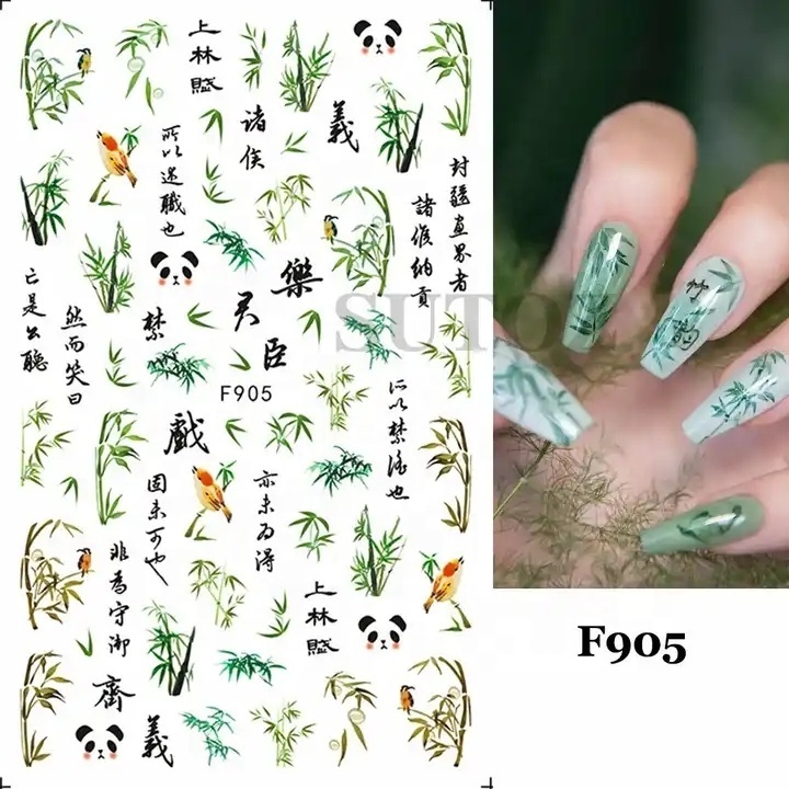 Chinese Character Nail Sticker Ink Flower Leaf Slider For Nails English Letters Decal Japanese Manicure Style Decorations