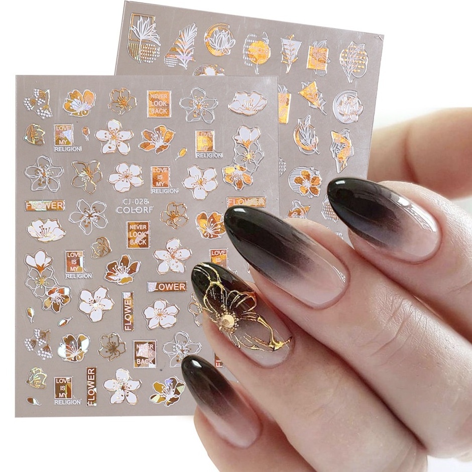 2022 Nail Art Holographic Sticker Black Gold Adhesive Bird Floral Abstract Face 3D Nail Foils Decals CJ-28-36