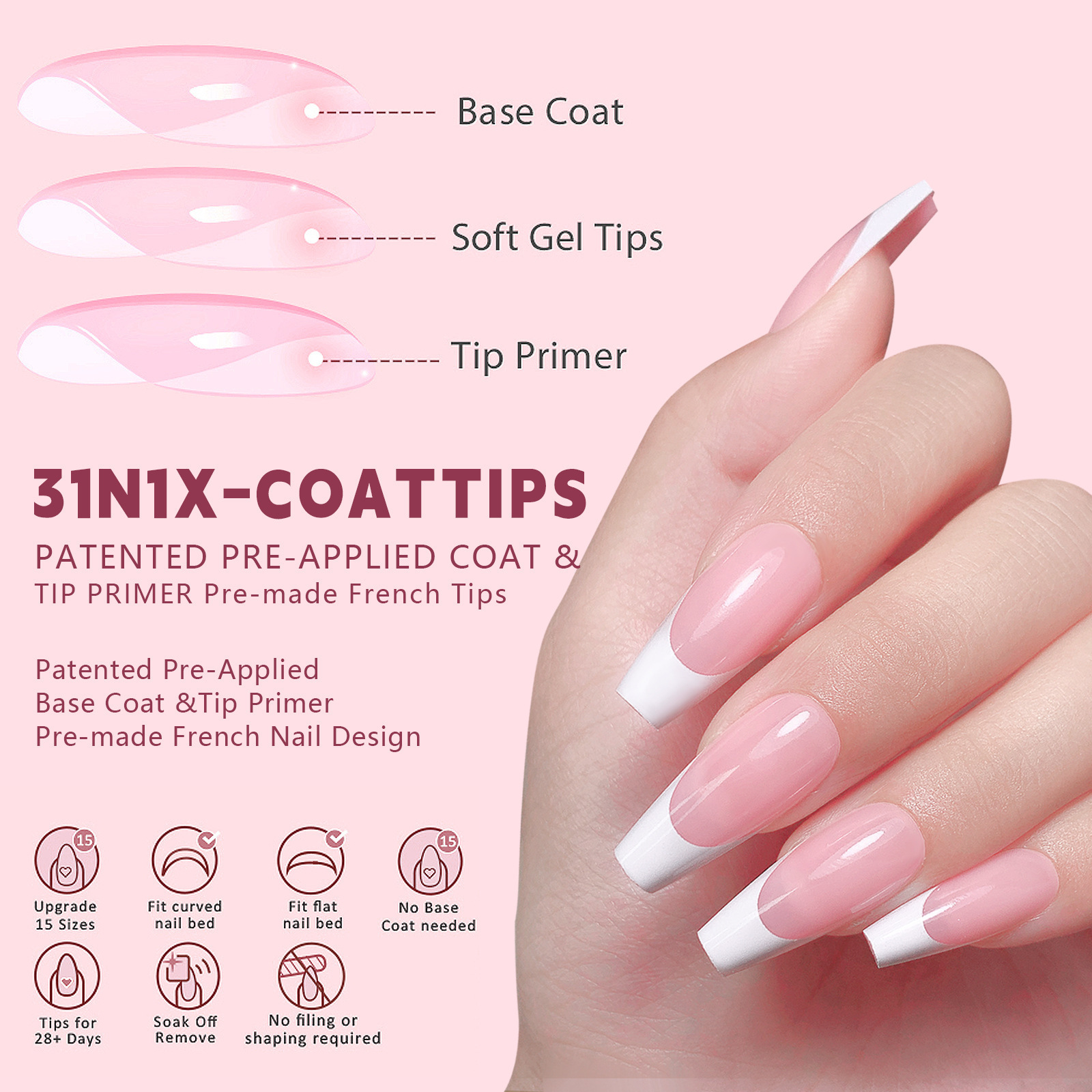 150Pcs/Box French Soft Gel Nail Tips Press on Nails Pink Nude Coffin Ballet Almond Square Shape Fake Nails for Extension