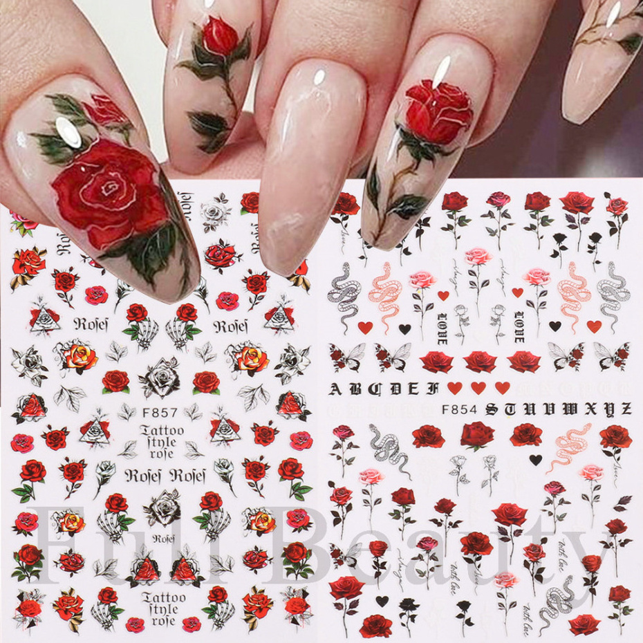 Rose Nail Adhesive Sticker Blue Butterfly 3D Flowers Slider Wedding Nail Art Decorations Stickers Foil Manicure Accessories F857