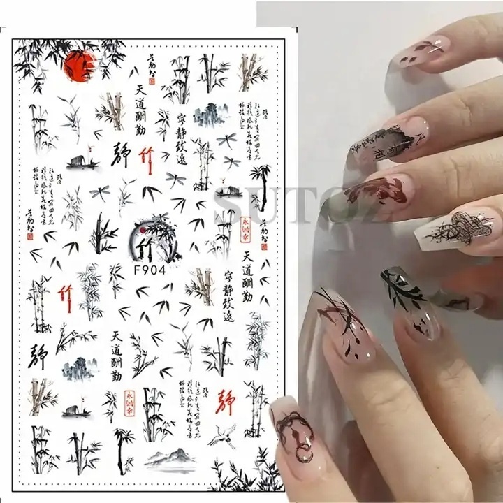 Chinese Character Nail Sticker Ink Flower Leaf Slider For Nails English Letters Decal Japanese Manicure Style Decorations