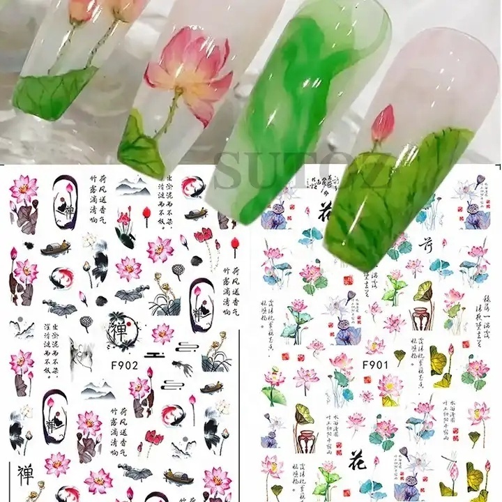 Chinese Character Nail Sticker Ink Flower Leaf Slider For Nails English Letters Decal Japanese Manicure Style Decorations