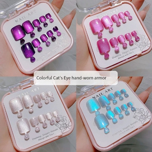 24pcs/box Crystal Cat Eyes Toe Nail Tips Toe Wraps Self-adhersive Diamond Nail Art Women Manicure Press on Nails