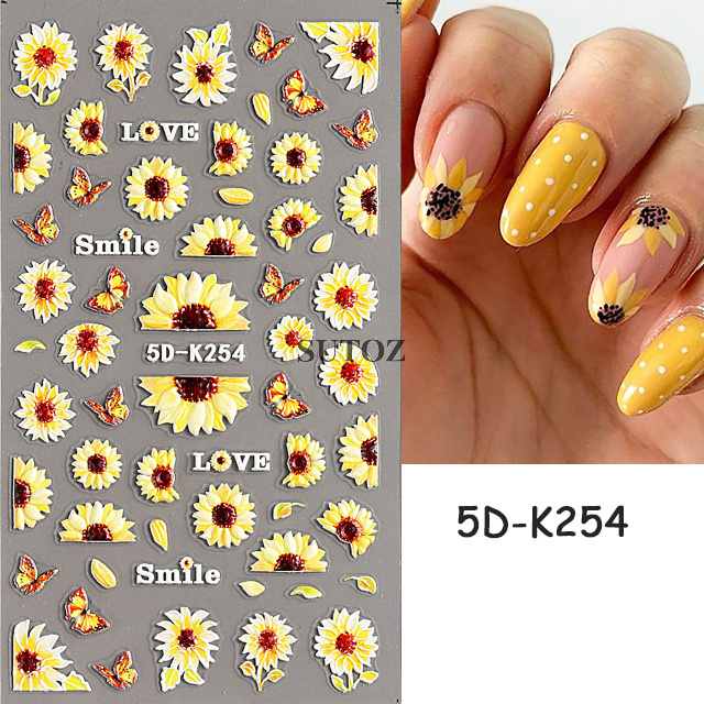 5D Sunflower Nail Stickers Fall Design Floral Butterfly Bee Nail Decal Self-adhesive Embossed Sliders Manicure Decor