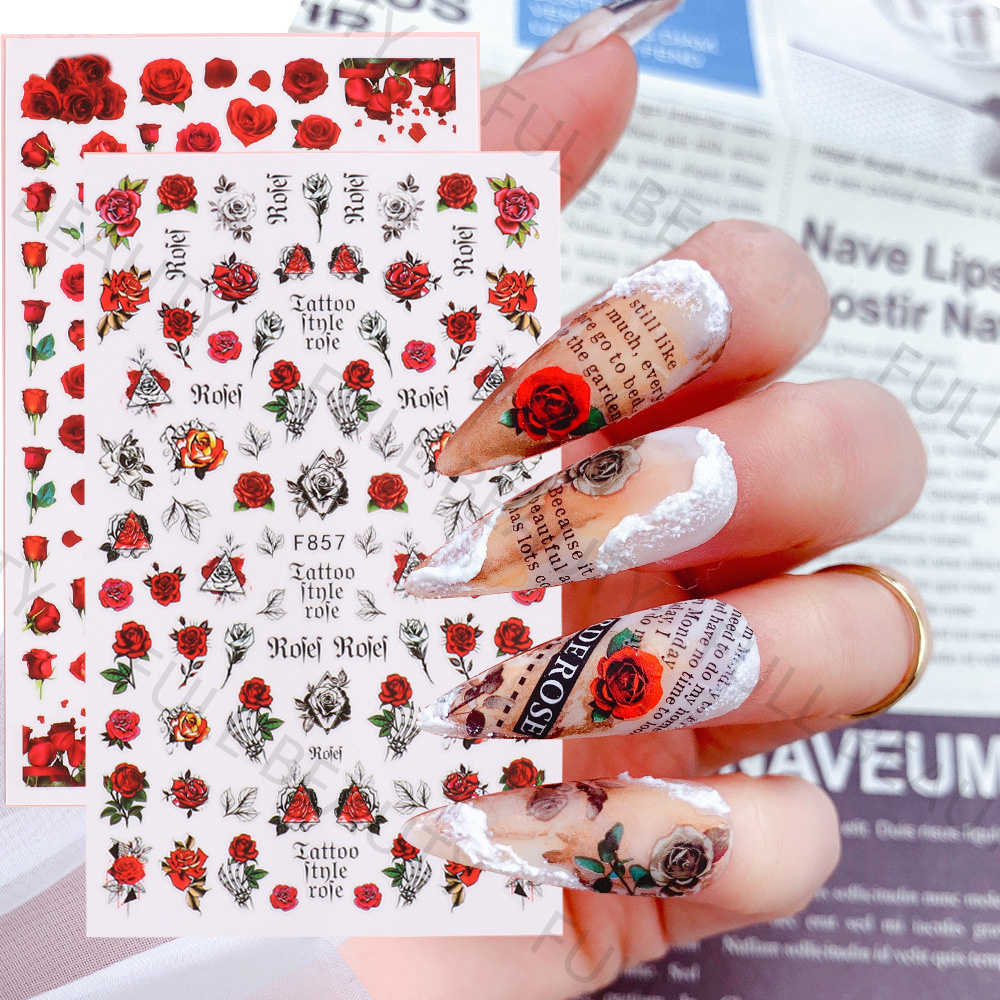 Rose Nail Adhesive Sticker Blue Butterfly 3D Flowers Slider Wedding Nail Art Decorations Stickers Foil Manicure Accessories F857