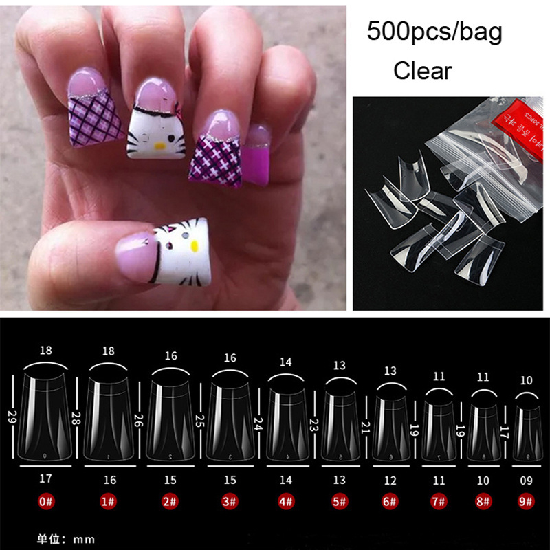 500PCS Duckbill Shape Acrylic False Nail Tips Wide French Half Cover Gel Extension Fake Nails Natural/Clear Manicure Supplies