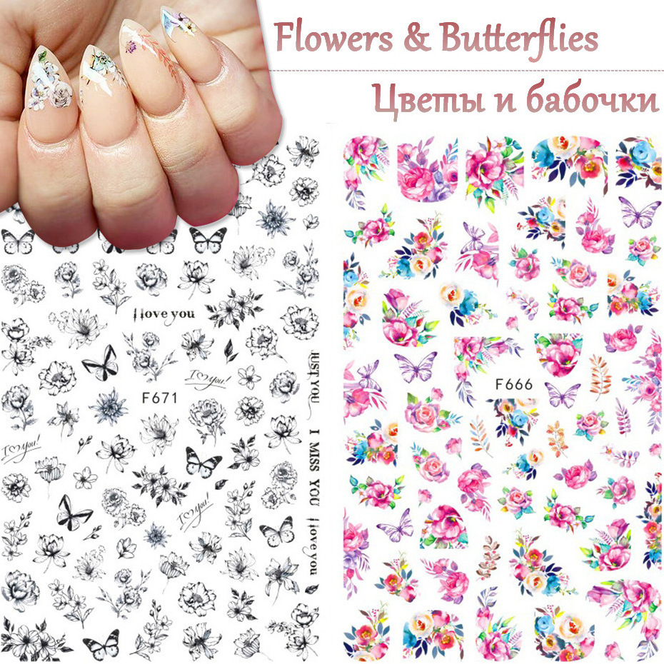 3D Purple Flower Butterfly Sticker Sliders for Nails Elegant Leaf Floral Design Nail Art Decoration Design Accessories F666