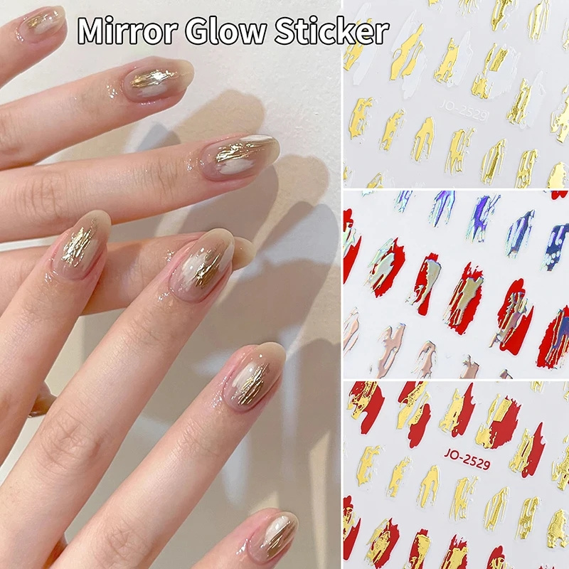 3D Holographic Metal Mirror Glossy Irregular Nail Stickers Gold Silver Bronzing Adhesive Decal Irregular Laser Manicure Slider