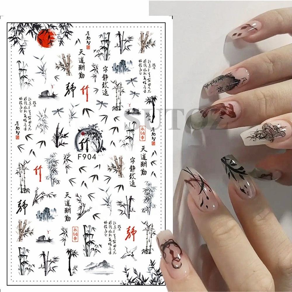 Chinese Style Peking Opera Nail Art Sticker 3D Bamboo Flower Character Decals Unique Chinese Poetry Calligraphy Design Manicure