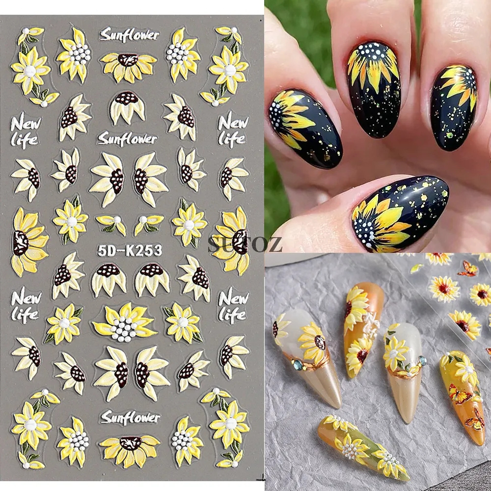 5D Sunflower Nail Stickers Fall Design Floral Butterfly Bee Nail Decal Self-adhesive Embossed Sliders Manicure Decor