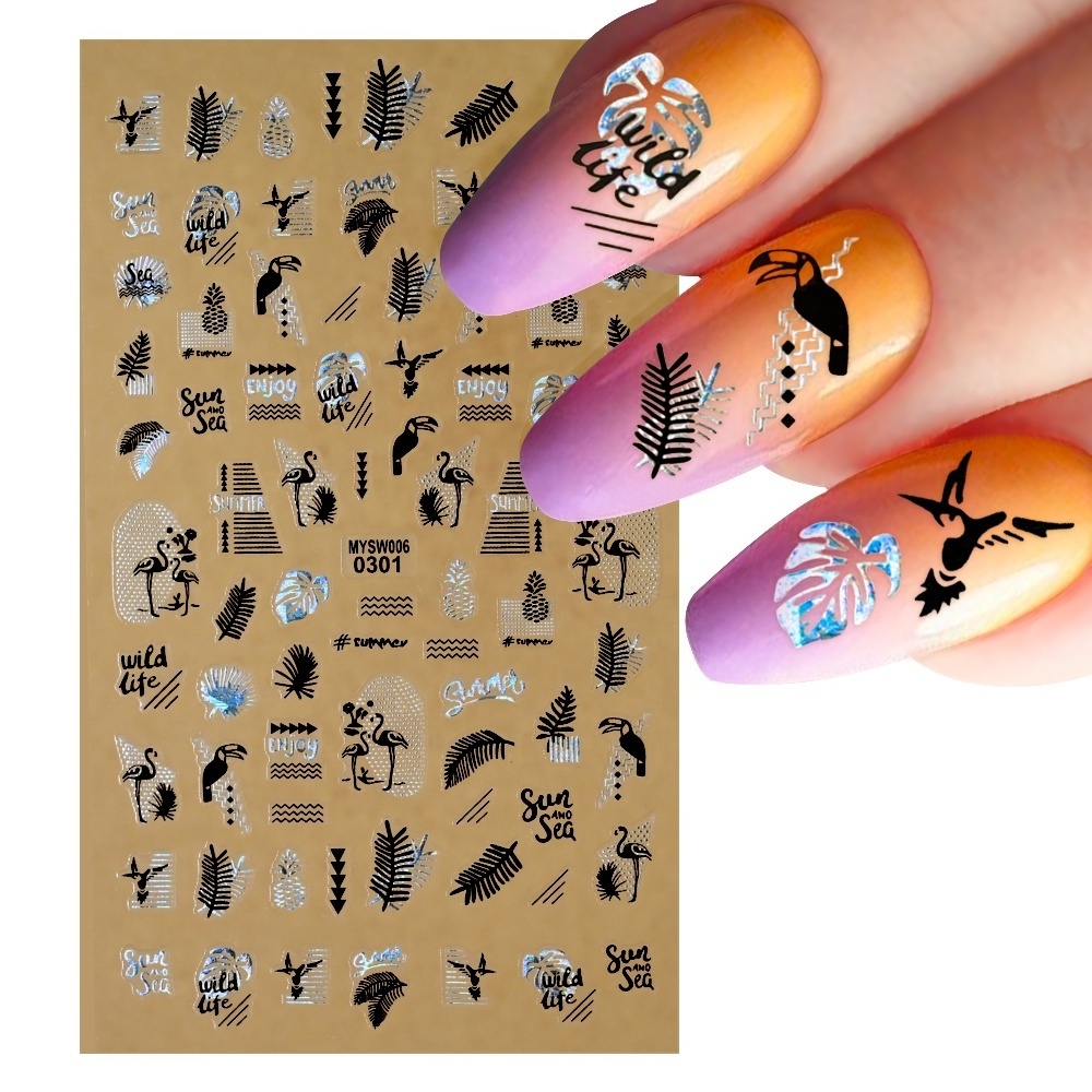 10pcs/Set Summer Beach Ocean Series Nail Sticker Laser Silver Gold Coconut Tree Palm Leaves Flower Sliders Manicure Nail Decals