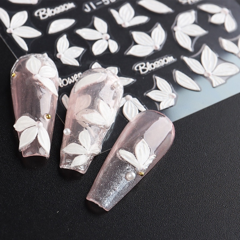 Embossed 5D Nail Stickers Elegant White Acrylic Flowers Sliders For Nails Floral Petals Decor Cherry Blossom Decals