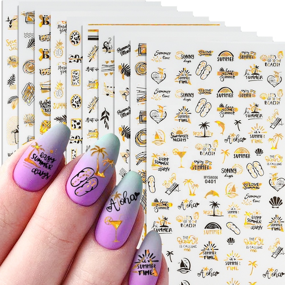 10pcs/Set Summer Beach Ocean Series Nail Sticker Laser Silver Gold Coconut Tree Palm Leaves Flower Sliders Manicure Nail Decals