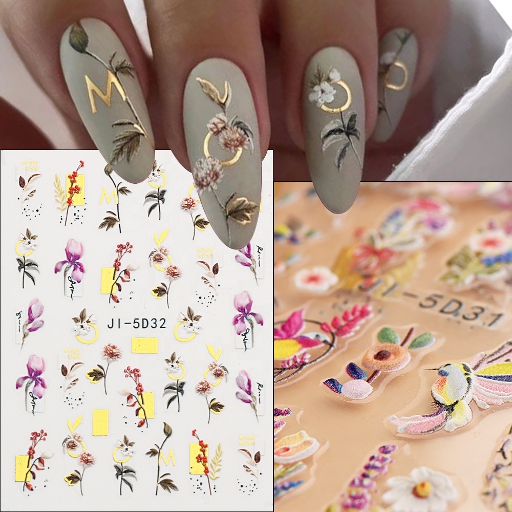 5D Embossed Nail Stickers Flowers Bird Geometric Lines Gold plastic Floral Nail Decals Star Blossom Manicure Decoration