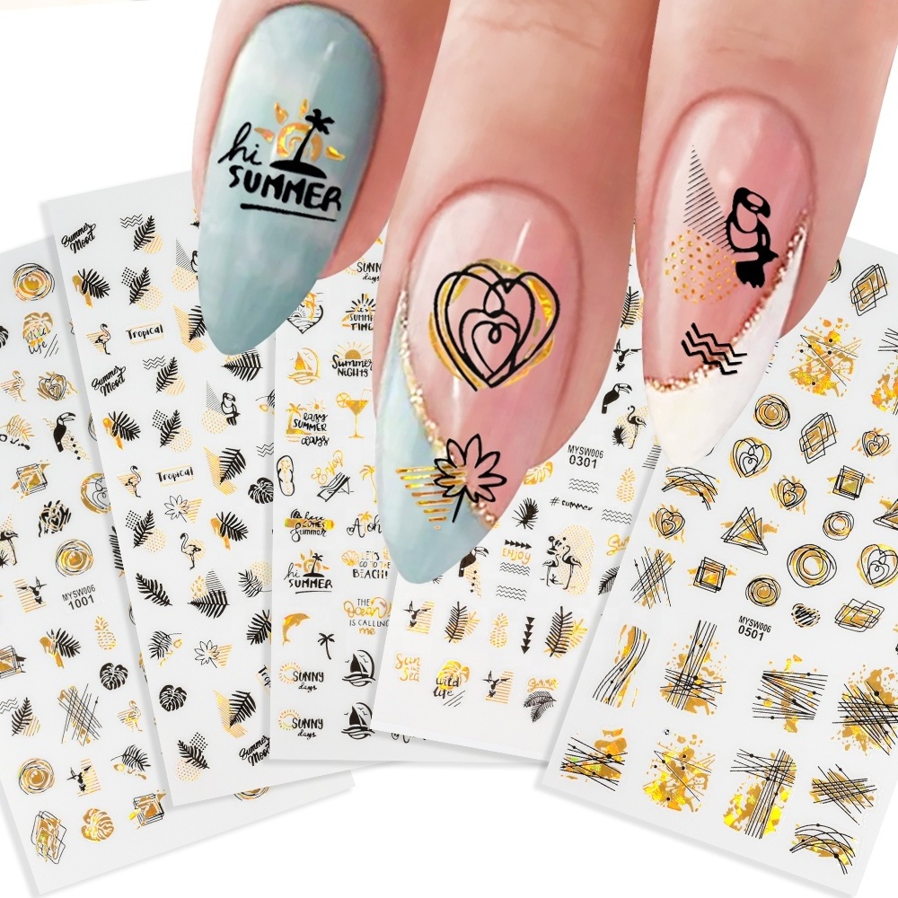 10pcs/Set Summer Beach Ocean Series Nail Sticker Laser Silver Gold Coconut Tree Palm Leaves Flower Sliders Manicure Nail Decals