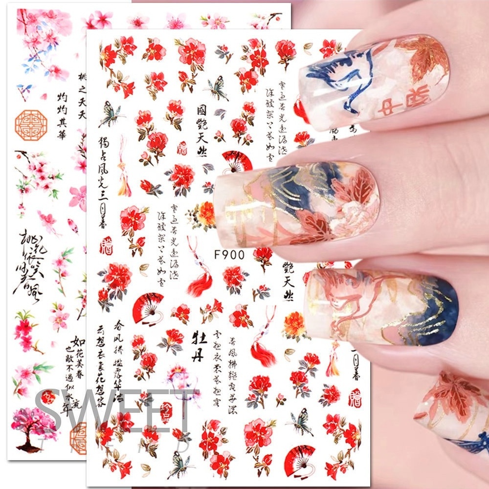 Chinese Character Nail Sticker Ink Flower Leaf Slider For Nails English Letters Decal Japanese Manicure Style Decorations