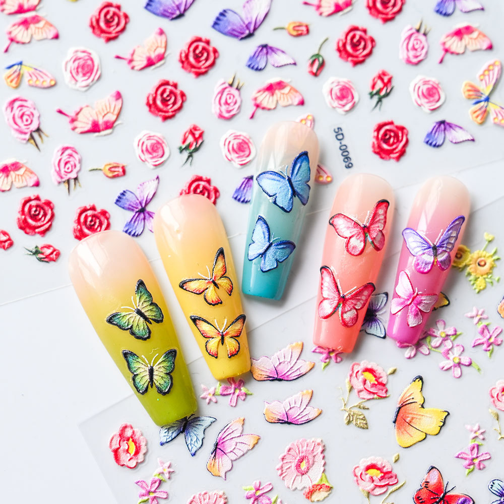 Colorful Butterfly Flowers Design Nail Sticker 5D Relief Butterfly Engraved Custom Logo Self-Adhesive Nail Transfer Sliders