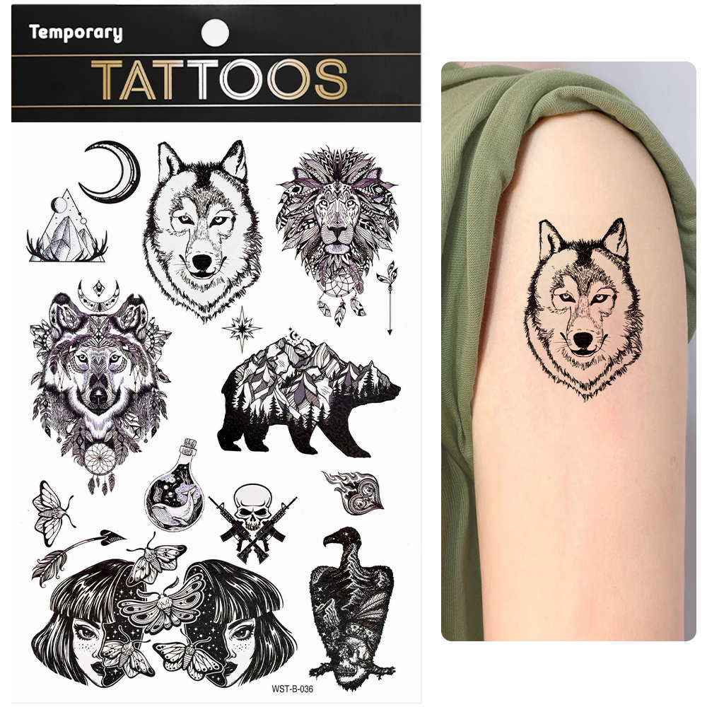 Large Half Arm Sleeve Temporary Tattoos For Men Women Forearm, Tribal Wolf Tiger Lion Owl Skull Halloween Fake Tattoo Stickers