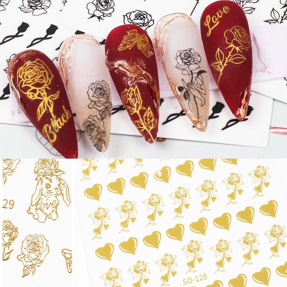 Metallic Laser Gold Silver Rose Flower Butterfly Heart Nail Stickers Rose Floral Decals Valentine's Day 3D Nail Art Sticker